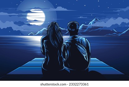 pareja romántica de noche enamorada en el mar con ilustración de luna llena