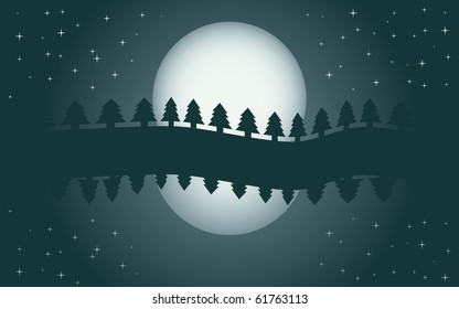 Romantic night landscape, reflection of moon in water, starry night, vector illustration