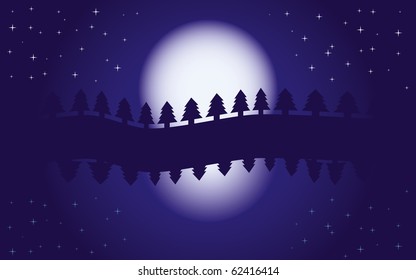 Romantic night landscape, reflection of moon in water, starry night, blue wallpaper, vector illustration
