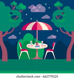 Romantic night picnic for two. Flat modern vector illustration. Table, umbrella and chairs on the lawn. Modern colors.