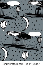 ilustración dibujada a mano por el cielo nocturno romántico. estrellas, nubes lluviosas, un árbol y la luna. fondo de patrón sin problemas. turismo, trekking, aventura, caminatas y diseño de viajes. 
