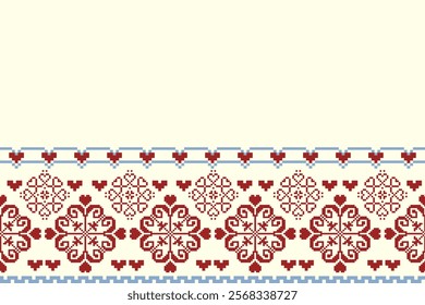 Romantic Nordic Pixel Heart and Floral Border Design for Valentines Day Wedding and Abstract Backgrounds