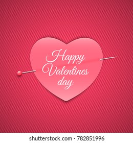Romantic note in the form of a heart with a pin. Happy Valentine's Day. Pink background with a pattern of lines. Note for a loved one. Vector illustration.