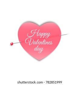 Romantic note in the form of a heart with a pin. Happy Valentine's Day. Isolated on white background.Note for a loved one. Vector illustration.