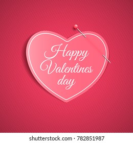 Romantic note from a paper heart with a pin. Festive graphic element. Happy Valentine's Day. Pink background with a pattern of lines. Note for a loved one. Vector illustration.