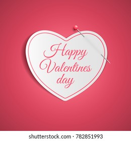 Romantic note from a paper heart with a pin. Festive graphic element. Happy Valentine's Day. Note for a loved one. Vector illustration.