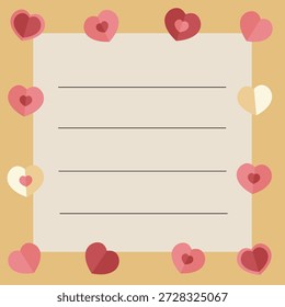 Romantic Note Paper Template with Heart Border and Lines for Text