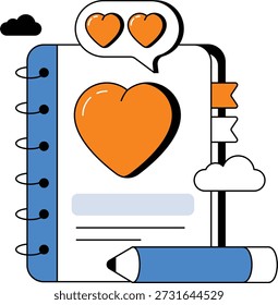 A romantic notebook featuring a large orange heart and blue pencil for writing love notes during Valentine's Day. Isometric flat vector illustration.