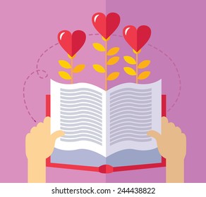 Romantic novel. Hearts growing from love story book. flat vector illustration