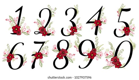 Romantic number of beautiful flowers. one, two, three, four, five, six, seven, eight, nine, zero