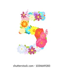 Romantic number of meadow flowers and butterflies five