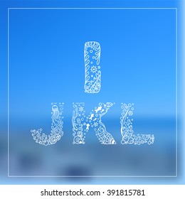 Romantic ocean, sea, herbal hand drawn alphabet letter. Vintage ornament from vector seaweed, water, shell, fish. Sweet, tender lace style, miniature weave. Decorative font for card, invitation design