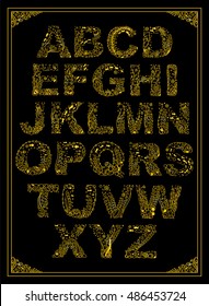 Romantic ocean, sea, herbal hand drawn alphabet letters. Vintage ornament from vector seaweeds, water, shell, fish. Decorative font, type for card, invitation design. Premium gold metal style
