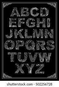Romantic ocean, sea, herbal hand drawn alphabet letters. Vintage ornament from vector seaweeds, water, shell, fish. Vintage lace style. Decorative font, type for card, invitation design. Chalkboard