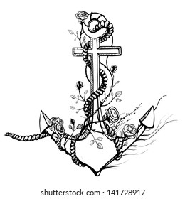 Romantic Old Anchor with Roses Black Ink. Vintage illustration in black and white. Vector EPS8.