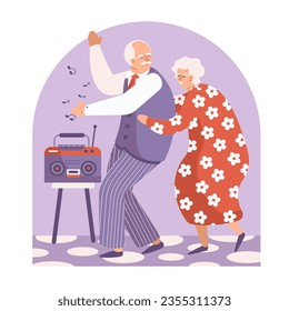Romantic old couple dancing to music in room. Recreation in restaurant concept. Husband and wife resting together. Flat vector illustration in purple colors