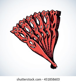 Romantic old stylish elegant plastic scarlet fan isolated on white backdrop. Freehand bright color drawn picture sketchy in art antique scribble style. Close-up view