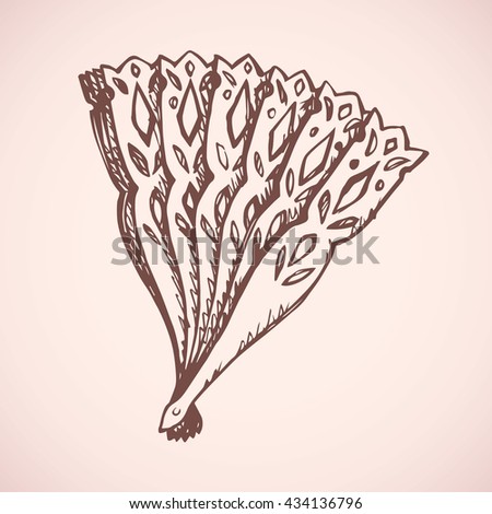 Romantic old stylish elegant plastic fan isolated on white backdrop. Freehand outline ink drawn sign sketchy in art antique scribble style pen on paper. Close-up view with space for text
