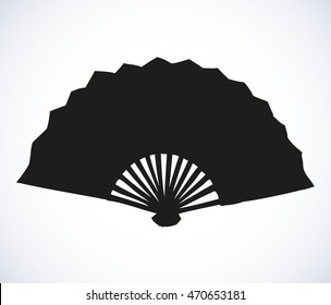 Romantic old stylish simple elegant paper fan isolated on white backdrop. Black ink drawn symbol sketchy in art doodle engraving style. Close-up view with space for text
