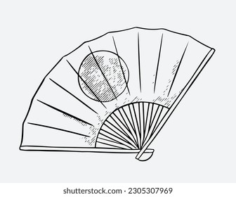 Romantic old stylish simple icon of elegant paper fan isolated on white backdrop. Freehand linear ink drawn symbol sketchy in art antiquity scribble engraving style.