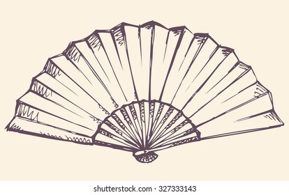 Romantic old stylish simple icon of elegant paper fan isolated on white backdrop. Freehand linear ink drawn symbol sketchy in art antiquity scribble engraving style. Close-up view with space for text