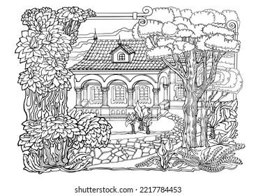 Romantic old town. Coloring Pages. Anti-stress colouring page. Vector.