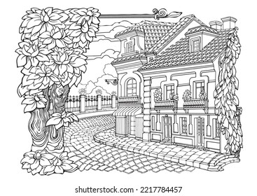 Romantic old town. Coloring Pages. Anti-stress colouring page. Vector.