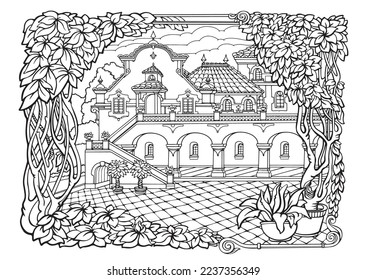 Romantic old town. Coloring Pages. Anti-stress colouring page. Vector.