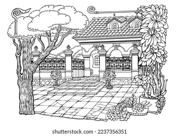 Romantic old town. Coloring Pages. Anti-stress colouring page. Vector.