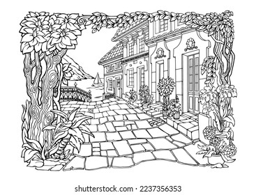 Romantic old town. Coloring Pages. Anti-stress colouring page. Vector.