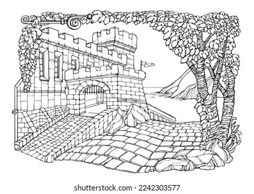 Romantic old town. Coloring Pages. Castle, pavement, plants. Vector illustration.