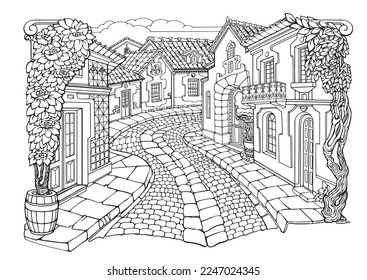 Romantic old town. Coloring Pages. Anti-stress colouring page. Vector.
