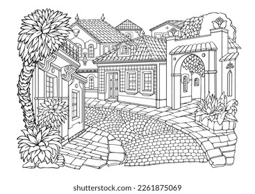 Romantic old town. Coloring Pages. Coloring Book for adults. Anti-stress colouring pictures with fantasy houses and plants, drawn in freehand linear style. Vector illustration in black and white.