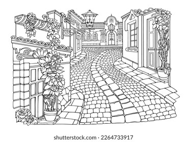 Romantic old town. Coloring Pages. Coloring Book for adults. Anti-stress colouring pictures with fantasy houses and plants, drawn in freehand linear style. Vector illustration in black and white.