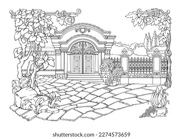 Romantic old town. Coloring Pages. Coloring Book for adults. Anti-stress colouring pictures with fantasy house and plants, drawn in freehand linear style. Vector illustration in black and white.