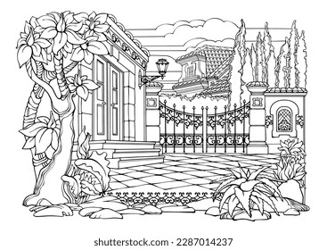 Romantic old town. Coloring Pages. Anti-stress colouring book. Vector.