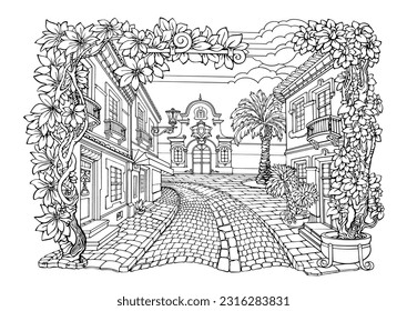 Romantic old town. Coloring Pages. Anti-stress colouring book. Vector.