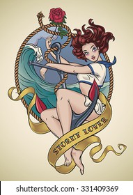 Romantic Old-school Tattoo Design Of A Sexy Sailor Girl Sitting On A Ship Anchor And Holding A Red Rose In Her Hand. Editable Vector Illustration.