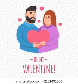Romantic on love story theme. Man and woman hugging. Valentine's Day greeting card. Vector illustration.
