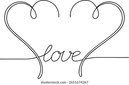Desenho romântico de uma linha de ‘amor’ com formas de coração duplo - Símbolo minimalista de afeto, relacionamentos e Dia dos Namorados
