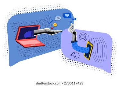 Romantic online communication between halftone collage arms via laptop computer and smartphone – digital love themed vector graphic illustration on transparent background for web development, mobile app design, posters, banners, greeting cards, and online dating solutions