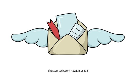 Romantic open vintage envelope with wings, cartoon-style vector illustration on white background