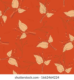 Romantic orange leave hand drawn seamless pattern, doodle texture. Autumn garden,  green and brown foliage falls endless concept. Sketched golden and yellow plants or herbs collection red background.