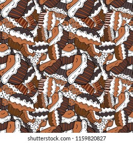 Romantic ornament, backdrop design. Colorful background vector with collection of confectionery. Seamless cupcakes hand drawn seamless pattern. Decorative wallpaper, good for printing.
