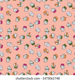 Romantic ornament, backdrop design. Seamless cupcakes hand drawn seamless pattern. Decorative wallpaper, good for printing. Colorful background vector with collection of confectionery.