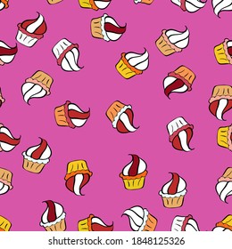 Romantic ornament, backdrop design. Seamless cupcakes hand drawn seamless pattern. Decorative wallpaper, good for printing. Colorful background vector with collection of confectionery.