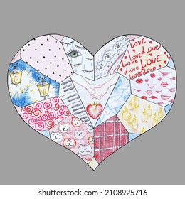 Romantic ornaments drawn with pencils in the sectors of the heart. Love, cats, lights, eyes, lips and hands.