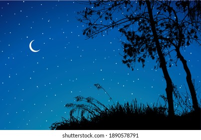 Romantic outdoor eco fall flora scenic view crescent heaven text space backdrop. Hand drawn old lush bare dry beech bush shrub grove thicket starry blue scene retro art print moonlight banner style