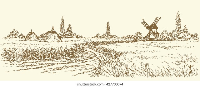 Romantic outdoor husbandry scene. Panoramic view with space for text on sky. Aged wind mill grinds grain into flour. Freehand outline ink hand drawn picture sketchy in art doodle style pen on paper