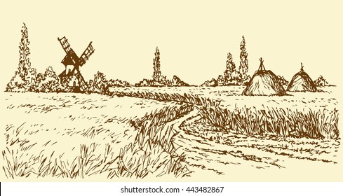 Romantic outdoor husbandry scene. Panoramic view with space for text on sky. Aged wind mill grinds grain into flour. Freehand outline ink hand drawn picture sketchy in art doodle style pen on paper